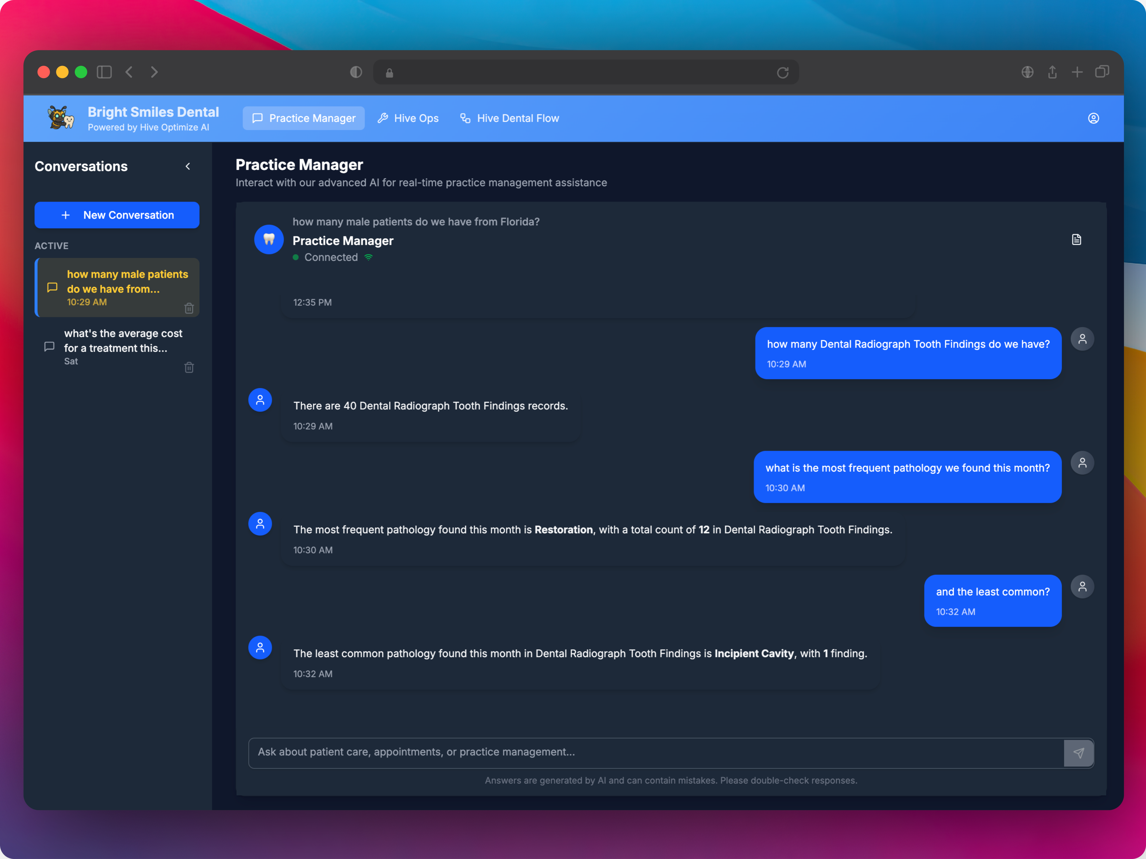 Practice Manager chat interface answering dental patient and schedule questions